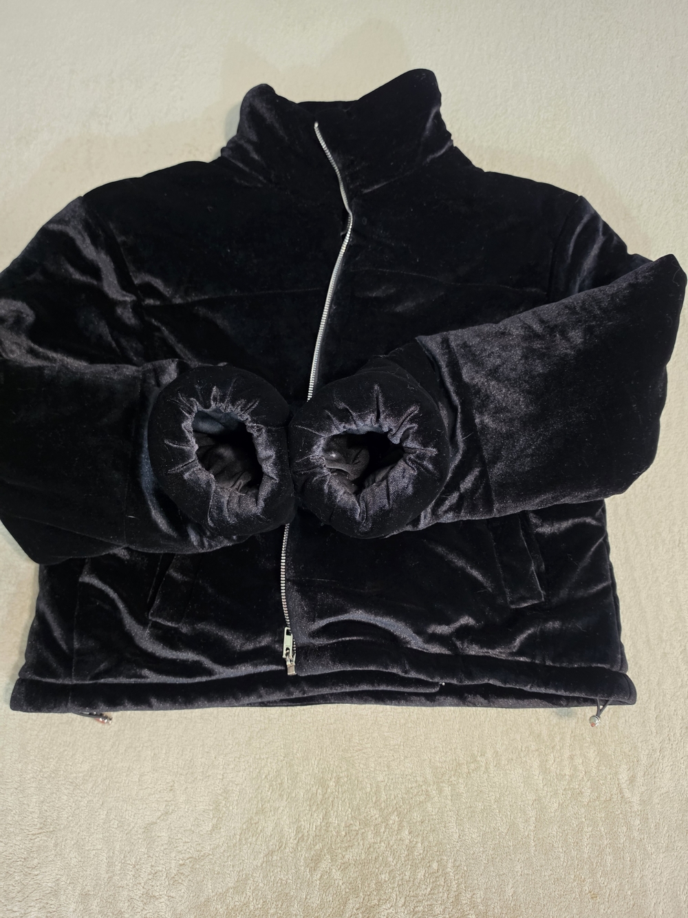 Black Velvet Puffer Jacket with High Collar
